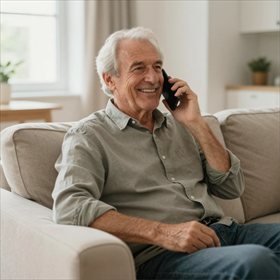 Homme senior souriant au téléphone